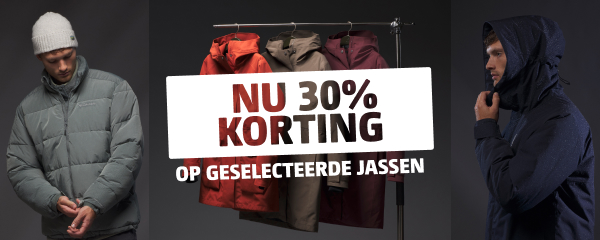 Overzicht van outdoorjassen met de tekst ‘Nu 30% korting op geselecteerde jassen’, omringd door verschillende jasmodellen.