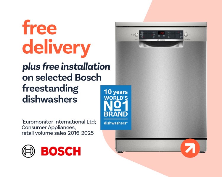 free delivery plus free installation on selected Bosch freestanding dishwashers