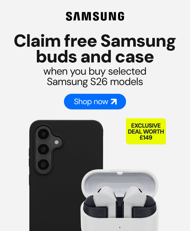 Claim free Samsung buds and case when you buy selected Samsung S26 models