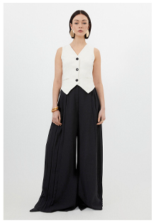 Tailored Crepe Waistcoat Wide Leg Pleated Panel Jumpsuit