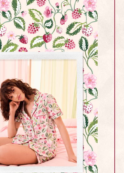 Cath Kidston Ecru Button Through Raspberry Print Shorts Pyjamas Set