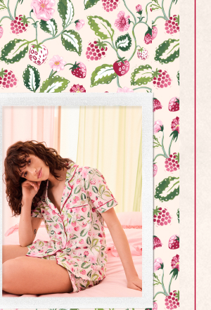 Cath Kidston Ecru Button Through Raspberry Print Shorts Pyjamas Set