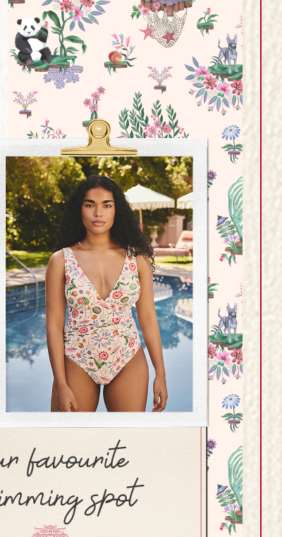 Cath Kidston Ecru Flamingo Print Plunge Swimsuit