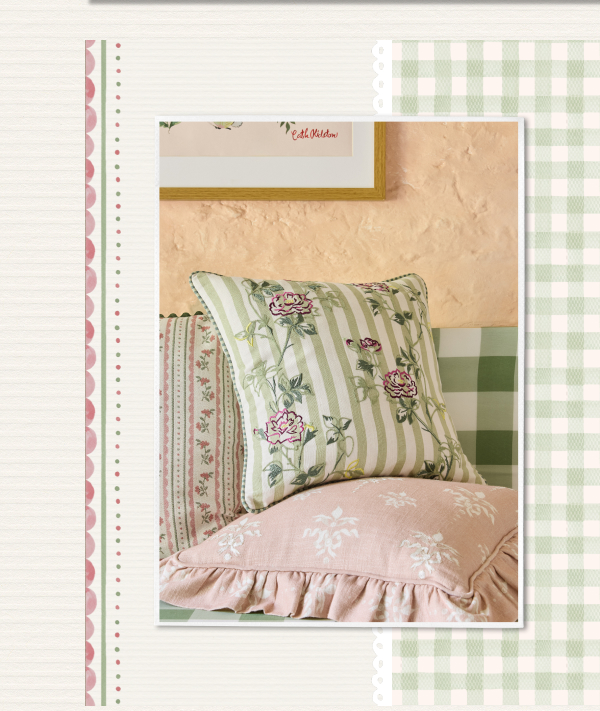 Cath Kidston Green Rose Stripe Embroidered Cotton Cushion