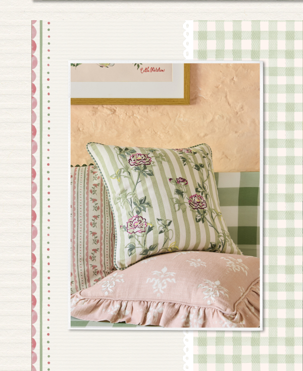 Cath Kidston Green Rose Stripe Embroidered Cotton Cushion