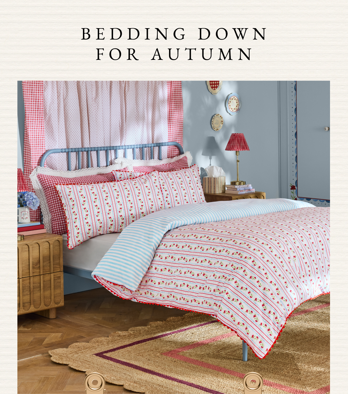 Cath Kidston Red/Blue Treasure Stripe Ric Rac Trim 100% Cotton Duvet Cover and Pillowcase Set