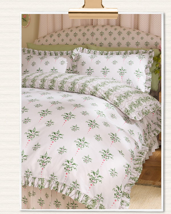Cath Kidston Green Cath Crest Floral Frill 100% Cotton Duvet Cover and Pillowcase Set