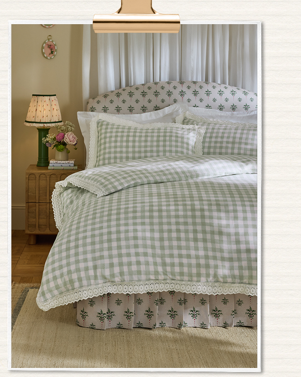 Cath Kidston Green Painted Gingham Broderie Trim 100% Cotton Duvet Cover and Pillowcase Set