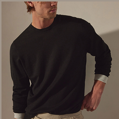 LINEN BLEND LONG SLEEVE CONTRAST CREW