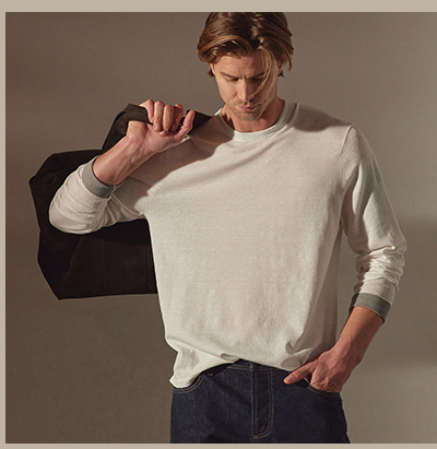 LINEN BLEND LONG SLEEVE CONTRAST CREW