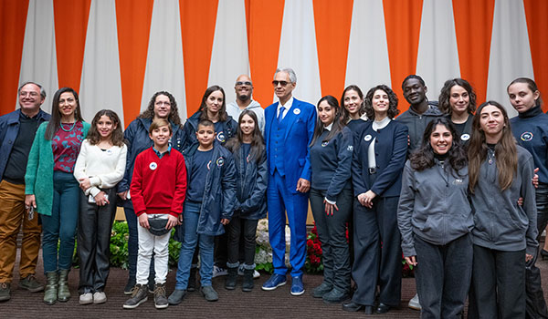 Andrea Bocelli at the United Nations with the children from the ABF GlobaLab and ABF Voices Of programs