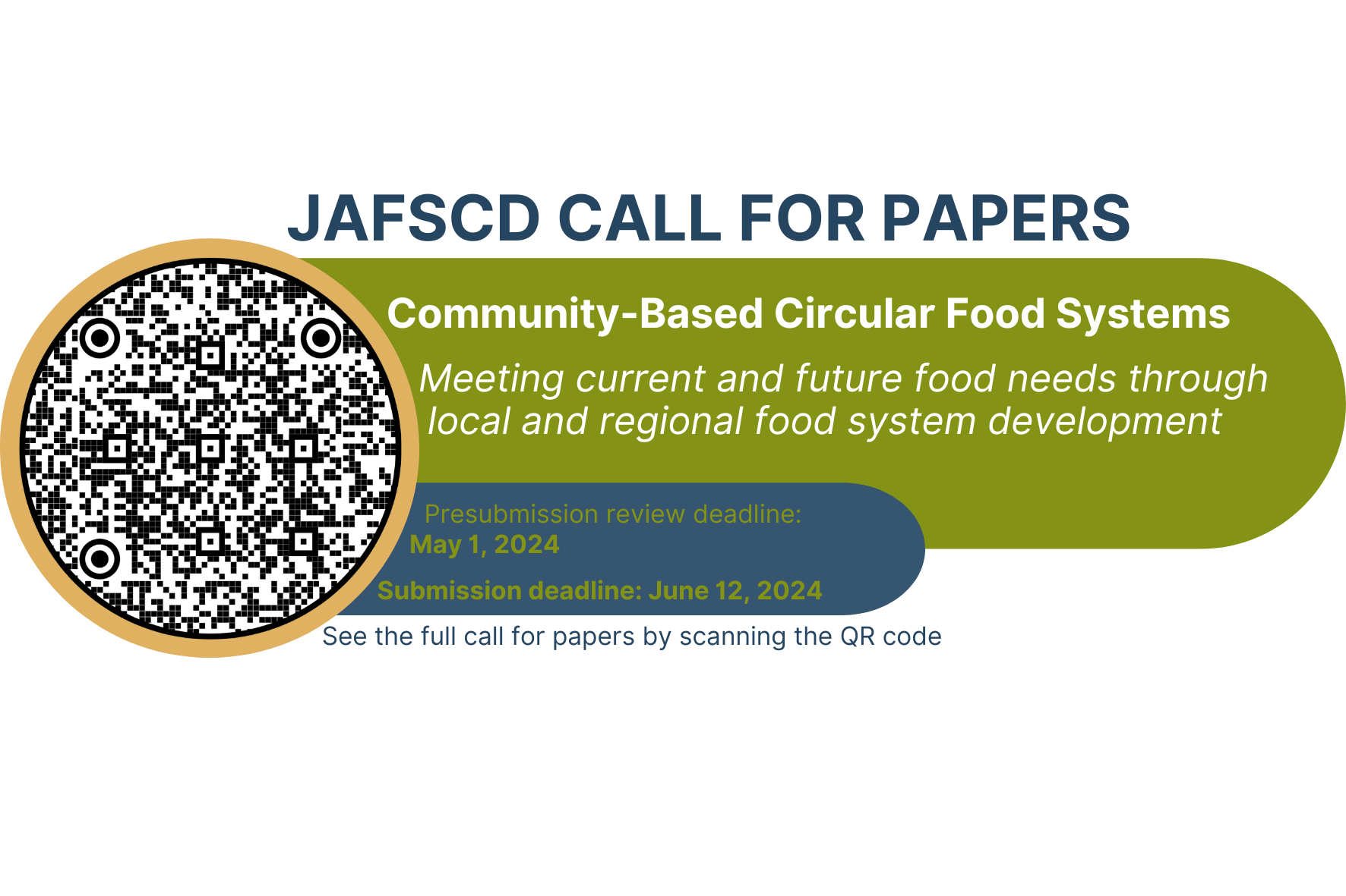 JAFSCD Call for papers: Community-based circular food systems presubmissions due by May 1, 2024 Submission deadline is June 12, 2024. 