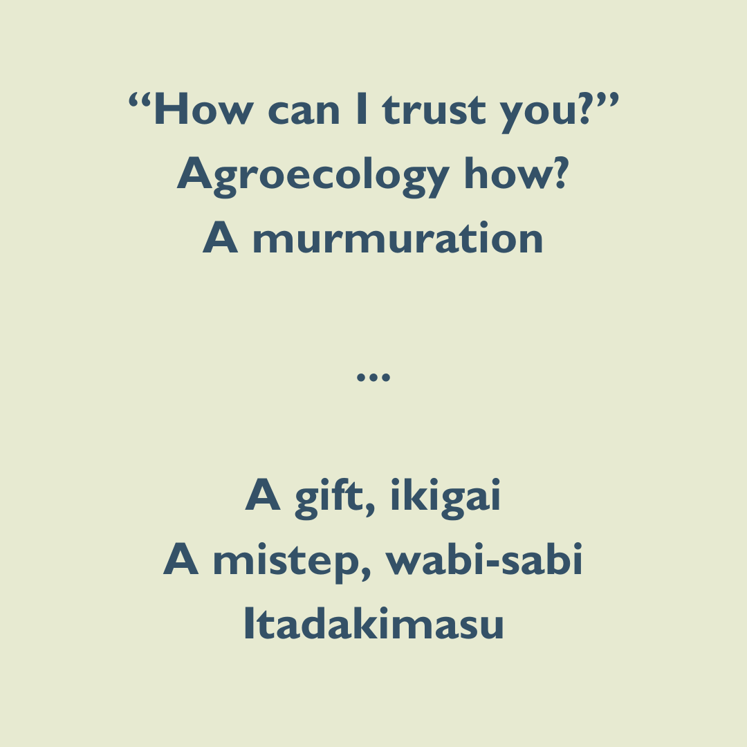 Poem by the author: How can I trust you? Agroecology how? A murmuration...A gift, ikigai A mistep, wabi-sabi, itadakimasu