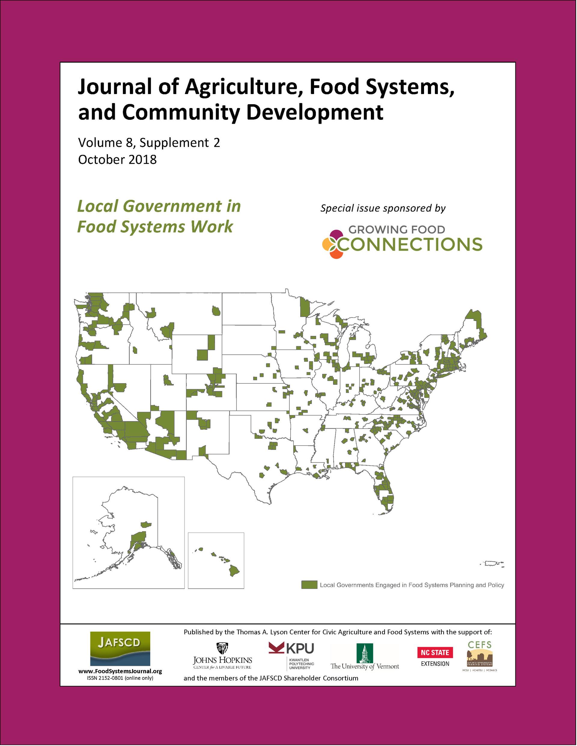 Cover of JAFSCD Supplement 2, Vol. 8: Local Government in Food Systems Work
