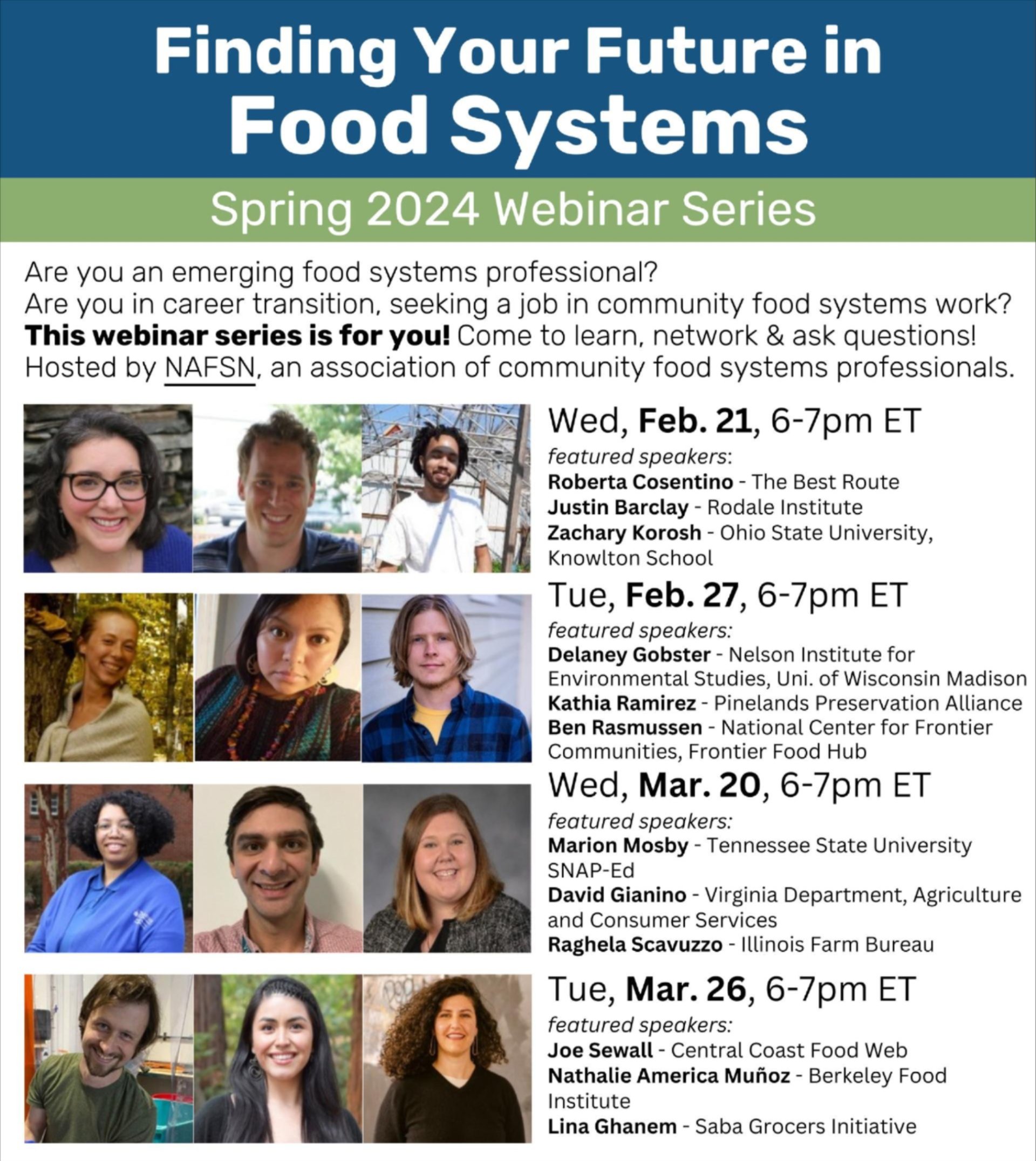 finding your future in food systems flyer. Images of speakers, dates and time for the events. 