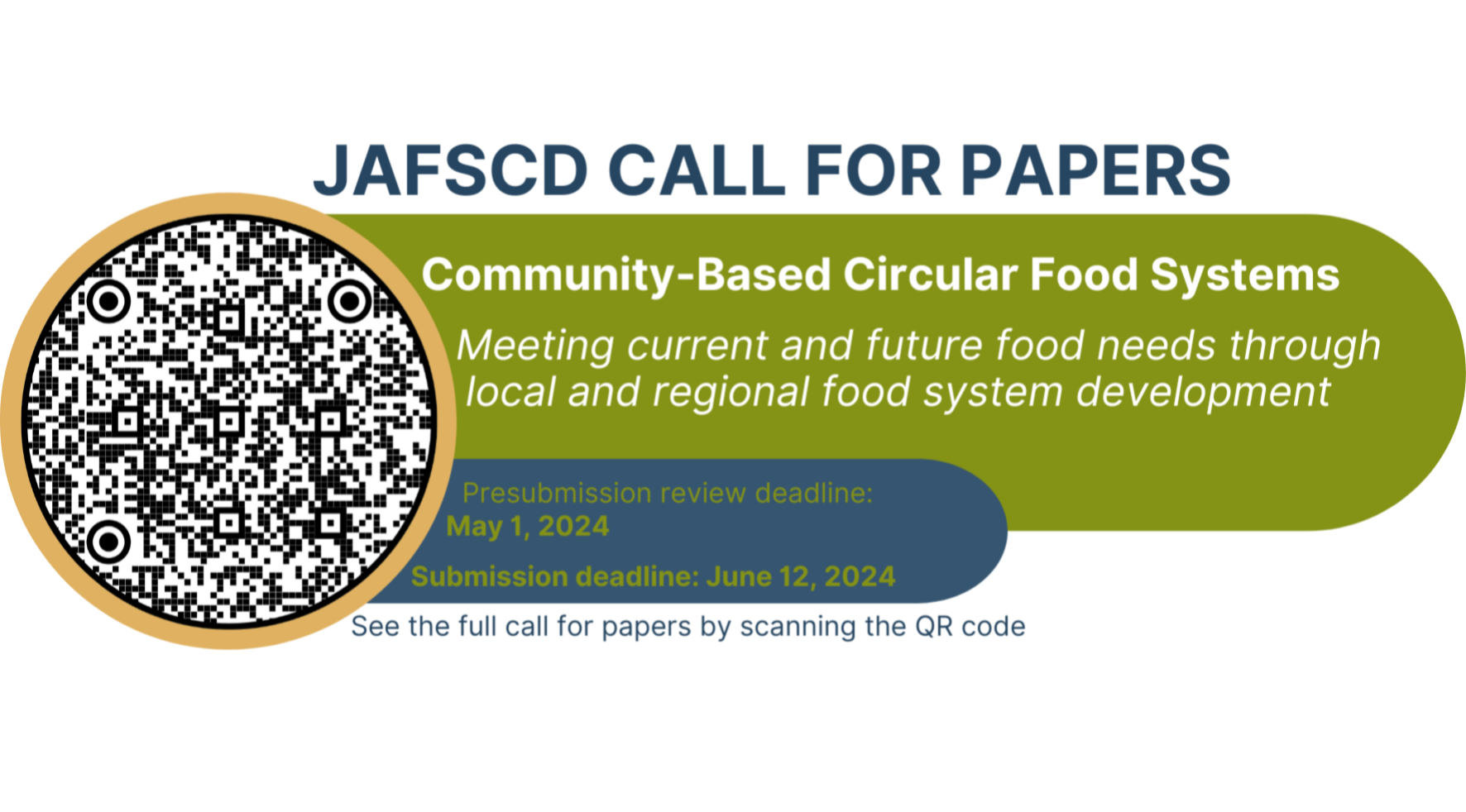 JAFSCD Call for papers: Community-based circular food systems presubmissions due by May 1, 2024 Submission deadline is June 12, 2024. 