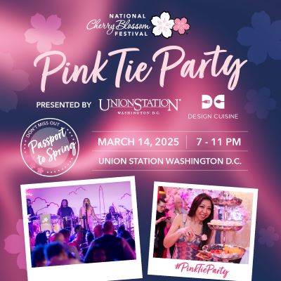 A promotional graphic for the National Cherry Blossom Festival’s Pink Tie Party, featuring event details, a vibrant pink and purple color scheme, and images of guests enjoying live music and food.