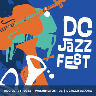 An ad graphic for DC JazzFest with a stylized font and instruments. 