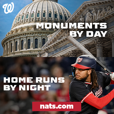 An ad graphic from the Washington Nationals that shows DC's monuments in the top half of the image and a baseball player swinging a bat on the bottom half. It reads, 