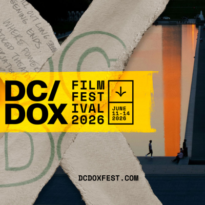 Graphic poster for DC/DOX Film Festival 2026 with bold yellow text and abstract background.