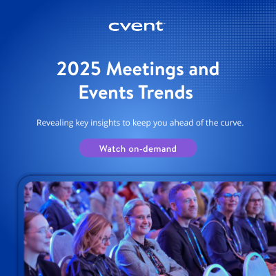 An ad graphic depicting people at a conference, with text that reads: 