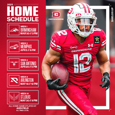 A DC Defenders football player in a red uniform and white helmet runs with the ball, with the team's 2025 home schedule displayed on the left side.