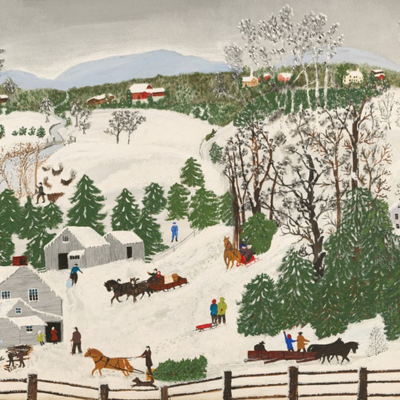 A folk art painting depicting the snow-covered countryside, filled with people walking and riding horse. 
