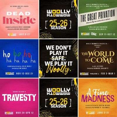 A grid of colorful ads for theater shows at Woolly Mammoth, including the slogan: ''We don't play it safe. We play it Woolly.''