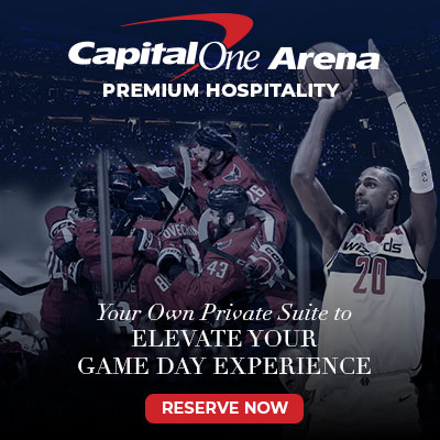 Promotional graphic for Capital One Arena premium hospitality featuring hockey and basketball players with the text “Elevate your game day experience.”