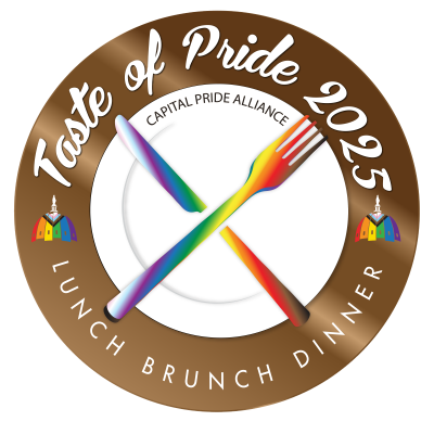 A circular logo for the Capital Pride Alliance’s Taste of Pride 2025, featuring a rainbow-colored fork and knife crossed over a white plate, with a brown border listing "Lunch, Brunch, Dinner."