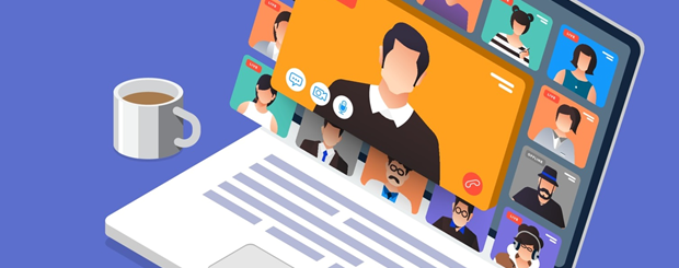 Personnage qui présente une conférence en ligne et vu d'un ordinateur portable
