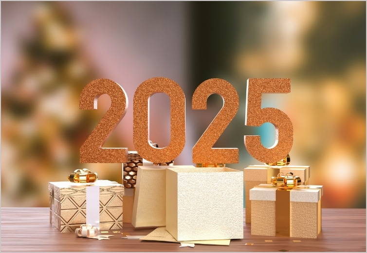 Illustration festive de 2025 avec des chiffres dor&eacute;s sur des cadeaux