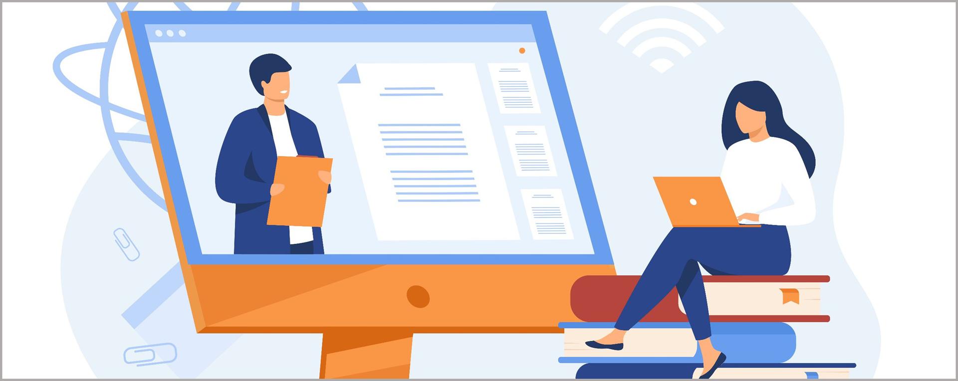 Un femme assise sur un pile de livres tape sur un ordinateur portable et un &eacute;cran d'ordinateur avec un homme qui pr&eacute;sente des informations.