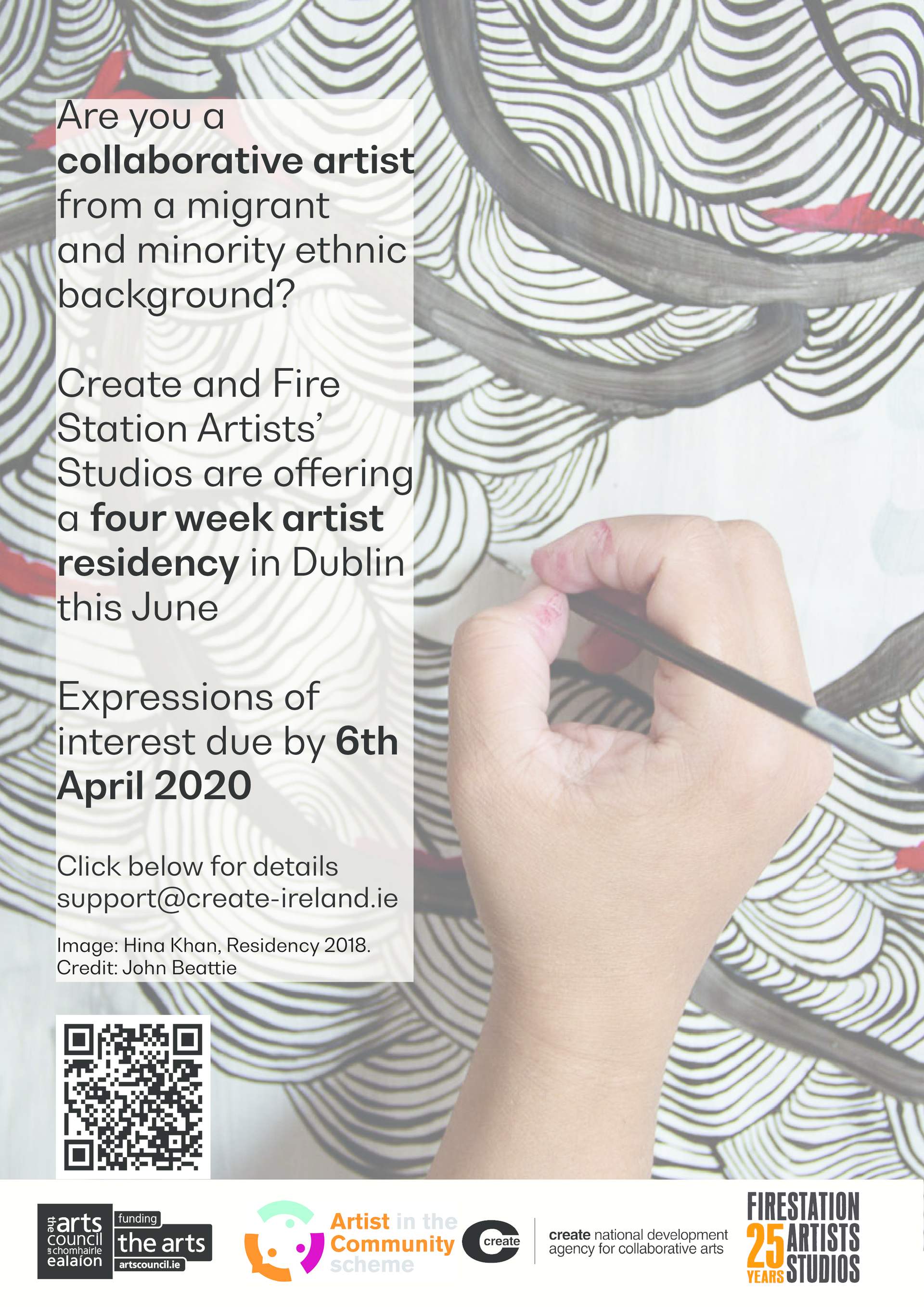 Are you a collaborative artist from a migrant and minority ethnic background? Create and Fire Station Artists’ Studios are offering a four week artist residency in Dublin this June email support@create-ireland.ie