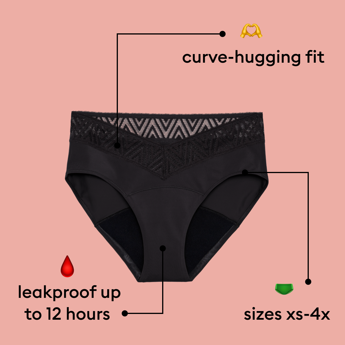 curve-hugging fit, leakproof up to 12 hours, sizes xs - 4x