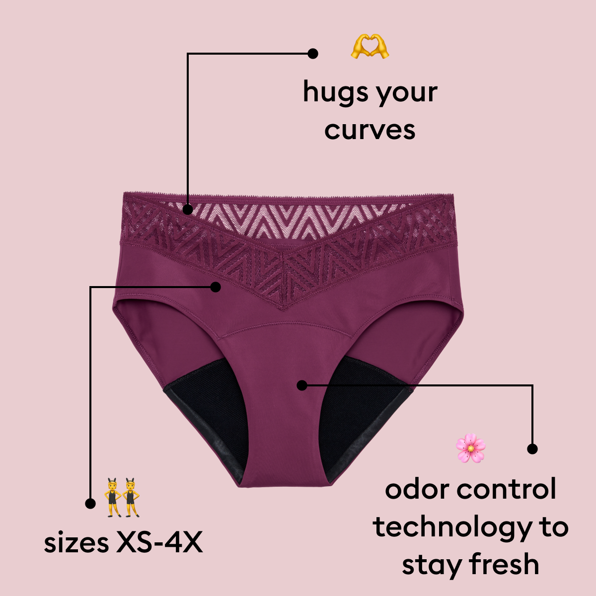 Hugs your curves, Sizes XS-4X, Odor control technology to stay fresh