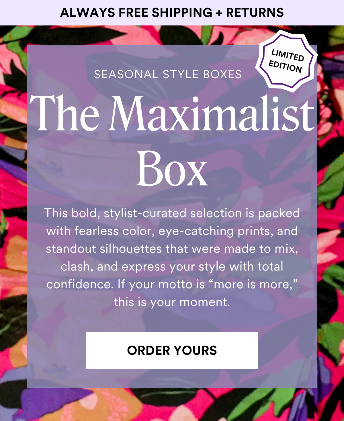 ALWAYS FREE SHIPPING + RETURNS SEASONAL STYLE BOXES: The Cool for the Summer. Things are heating up—so we’re keeping it cool. This stylist-curated box delivers five breezy, casual styles to help you stay effortlessly chic when the temps rise. From tanks and tees to dresses and shorts, each piece was chosen to help you beat the heat in style. ORDER YOURS