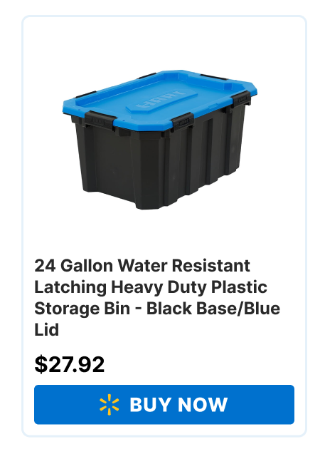 24 Gallon Water Resistant Latching Heavy Duty Plastic Storage Bin - Black Base/Blue Lid - $27.92 BUY NOW ->