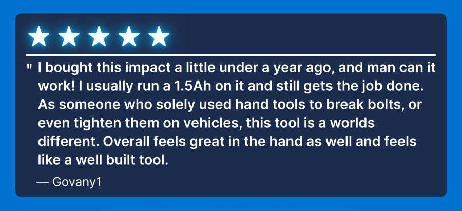 5 Star Review - ''I bought this impact a little under a year ago, and man can it work! I usually run a 1.5Ah on it and still gets the job done. As someone who solely used hand tools to break bolts, or even tighten them on vehicles, this tool is a worlds different. Overall feels great in the hand as well and feels like a well built tool.'' - Govany1