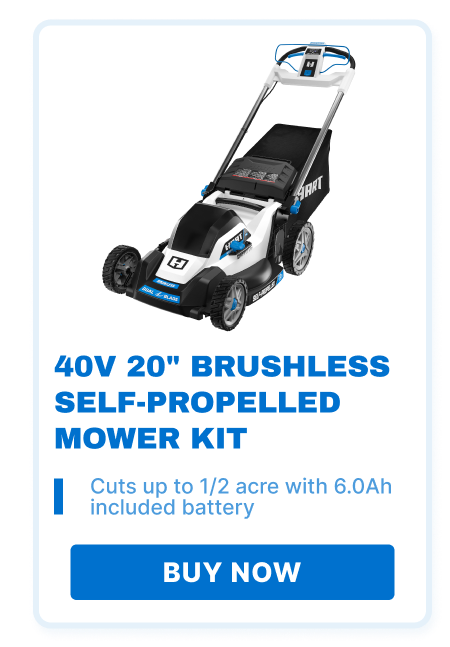 40V 20'' Brushless Self-Propelled Mower Kit. Cuts up to 1/2 acre with 6.0Ah included battery. Buy now!