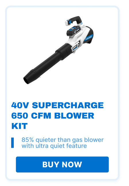 40V Supercharge 650 CFM Blower Kit. 85% quieter than gas blower with ultra quiet feature. Buy now!