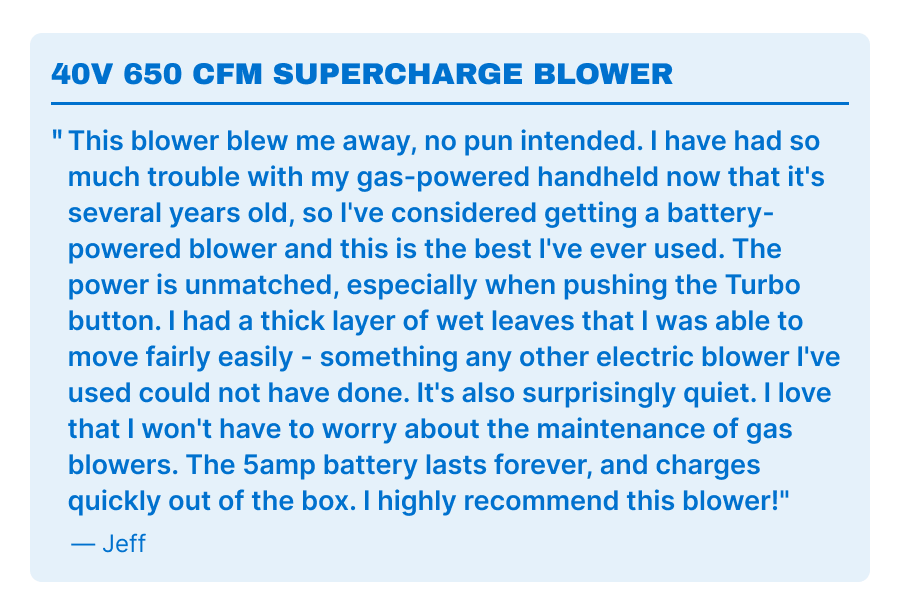 40V 650 CFM Supercharge Blower. ''This blower blew me away, no pun intended. I have had so much trouble with my gas-powered handheld now that it's several years old, so I've considered getting a battery-powered blower and this is the best I've ever used. The power is unmatched, especially when pushing the Turbo button. I had a thick layer of wet leaves that I was able to move fairly easily - something any other electric blower I've used could not have done. It's also surprisingly quiet. I love that I won't have to worry about the maintenance of gas blowers. The 5amp battery lasts forever, and charges quickly out of the box. I highly recommend this blower!'' -Jeff