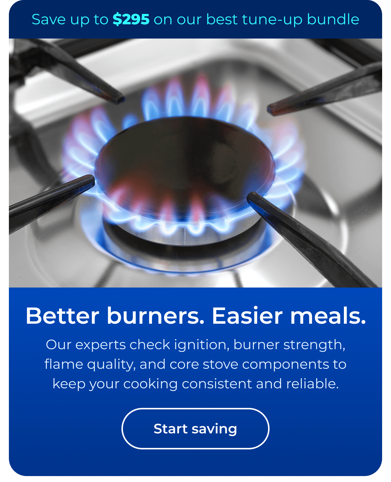 Better burners. Easier meals. Our experts check ignition, burner strength, flame quality, and core stove components to keep your cooking consistent and reliable. Save up to $295 on our best clean & maintain bundle today. Button: start saving