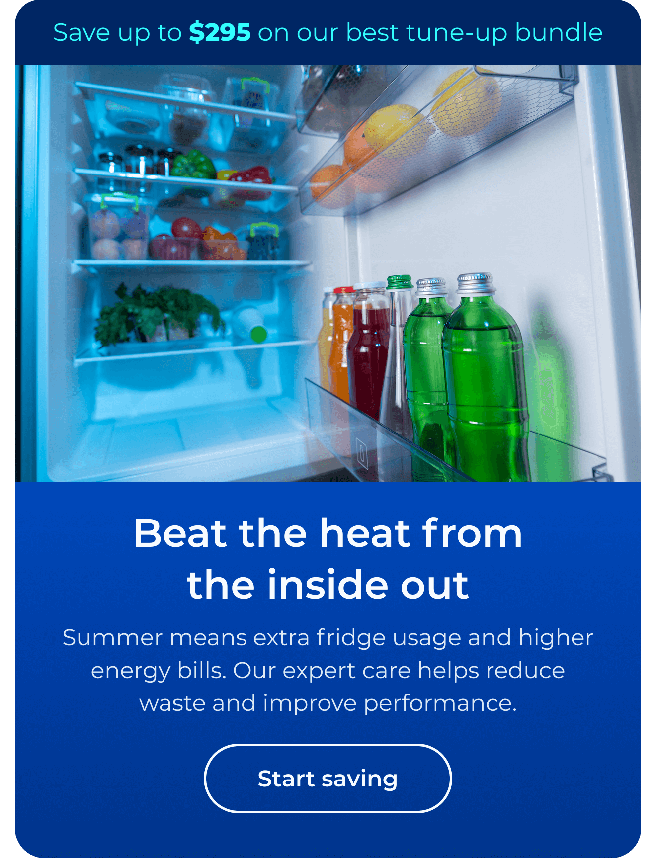 Beat the heat from the inside out. Summer means extra fridge usage and higher energy bills. Our expert care helps reduce waste and improve performance. Save up to $295 on our best clean & maintain bundle today. Button: start saving