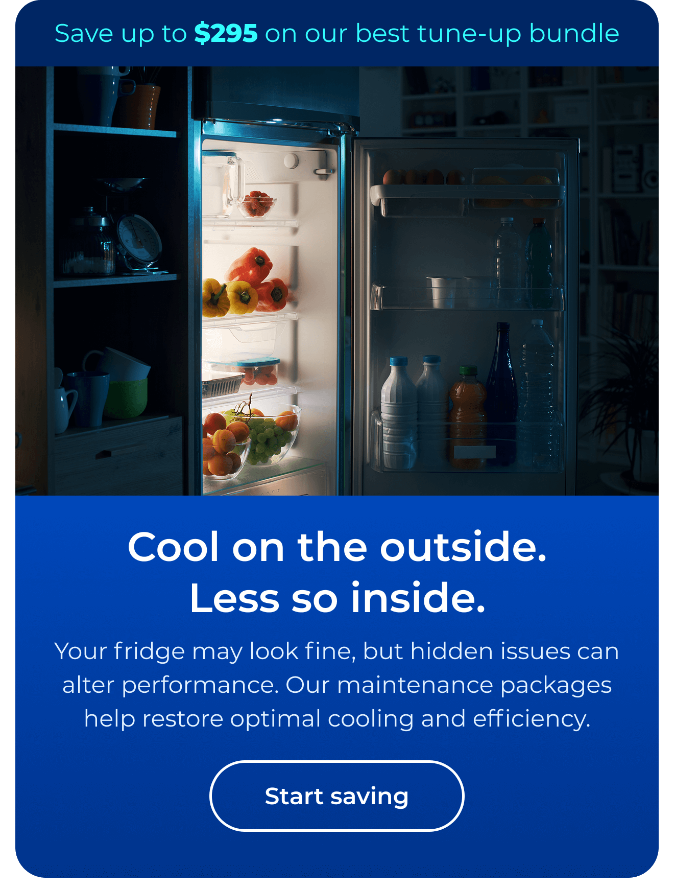 Cool on the outside. Less so inside. Your fridge may look fine, but hidden issues can alter performance. Our maintenance packages help restore optimal cooling and efficiency. Save up to $295 on our best clean & maintain bundle today. Button: start saving