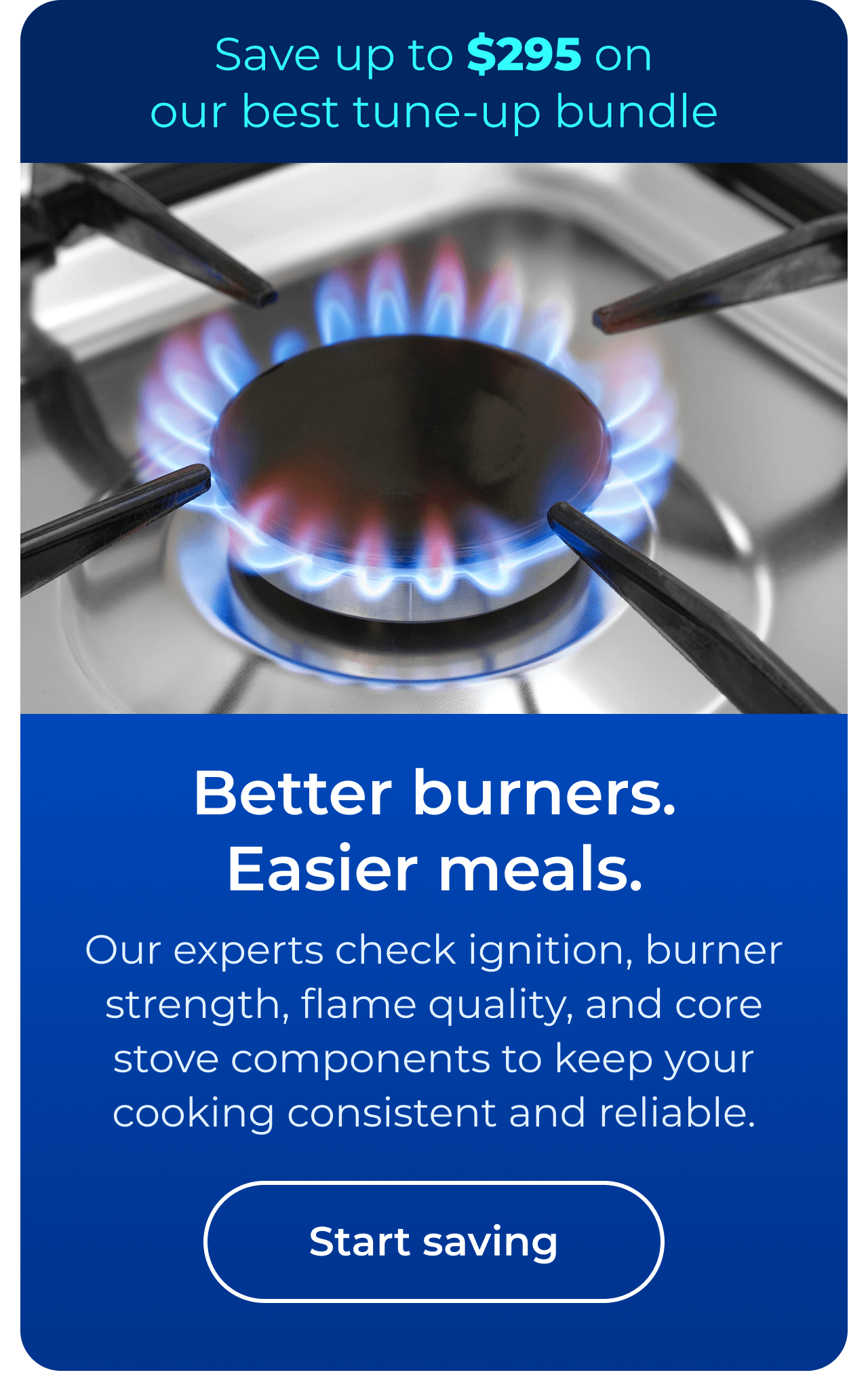 Better burners. Easier meals. Our experts check ignition, burner strength, flame quality, and core stove components to keep your cooking consistent and reliable. Save up to $295 on our best clean & maintain bundle today. Button: start saving