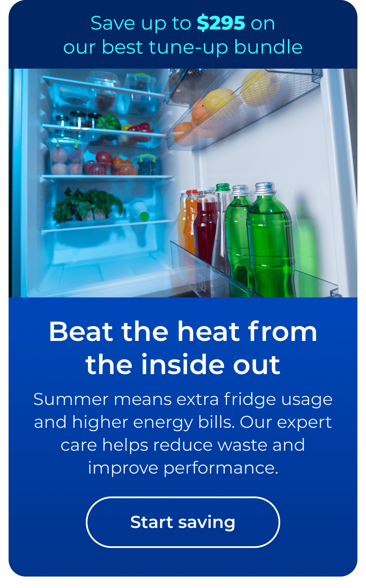 Beat the heat from the inside out. Summer means extra fridge usage and higher energy bills. Our expert care helps reduce waste and improve performance. Save up to $295 on our best clean & maintain bundle today. Button: start saving