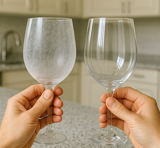 A person holding up a hazy wine glass and a completely clean wine glass