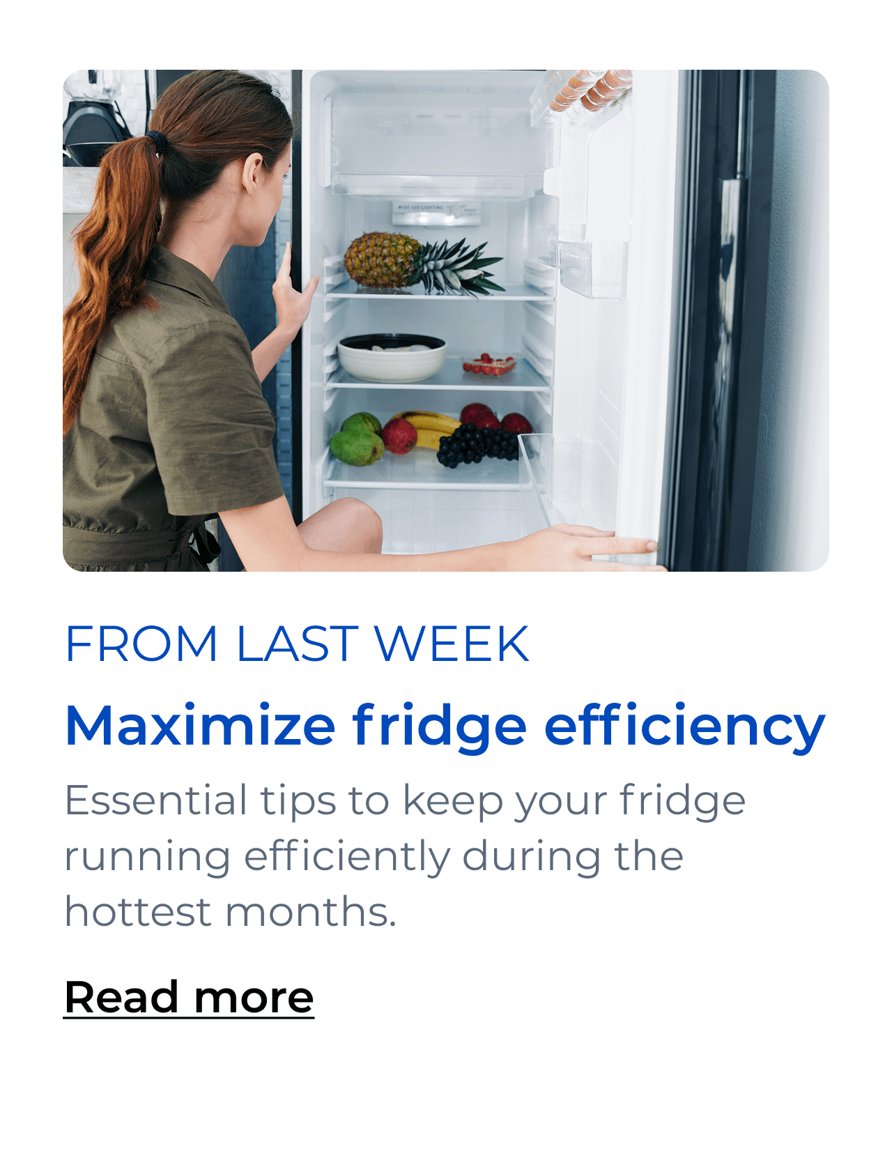 Maximize fridge efficiency. Discover essential tips to keep your refrigerator running efficiently during the hottest months. Button: Read more