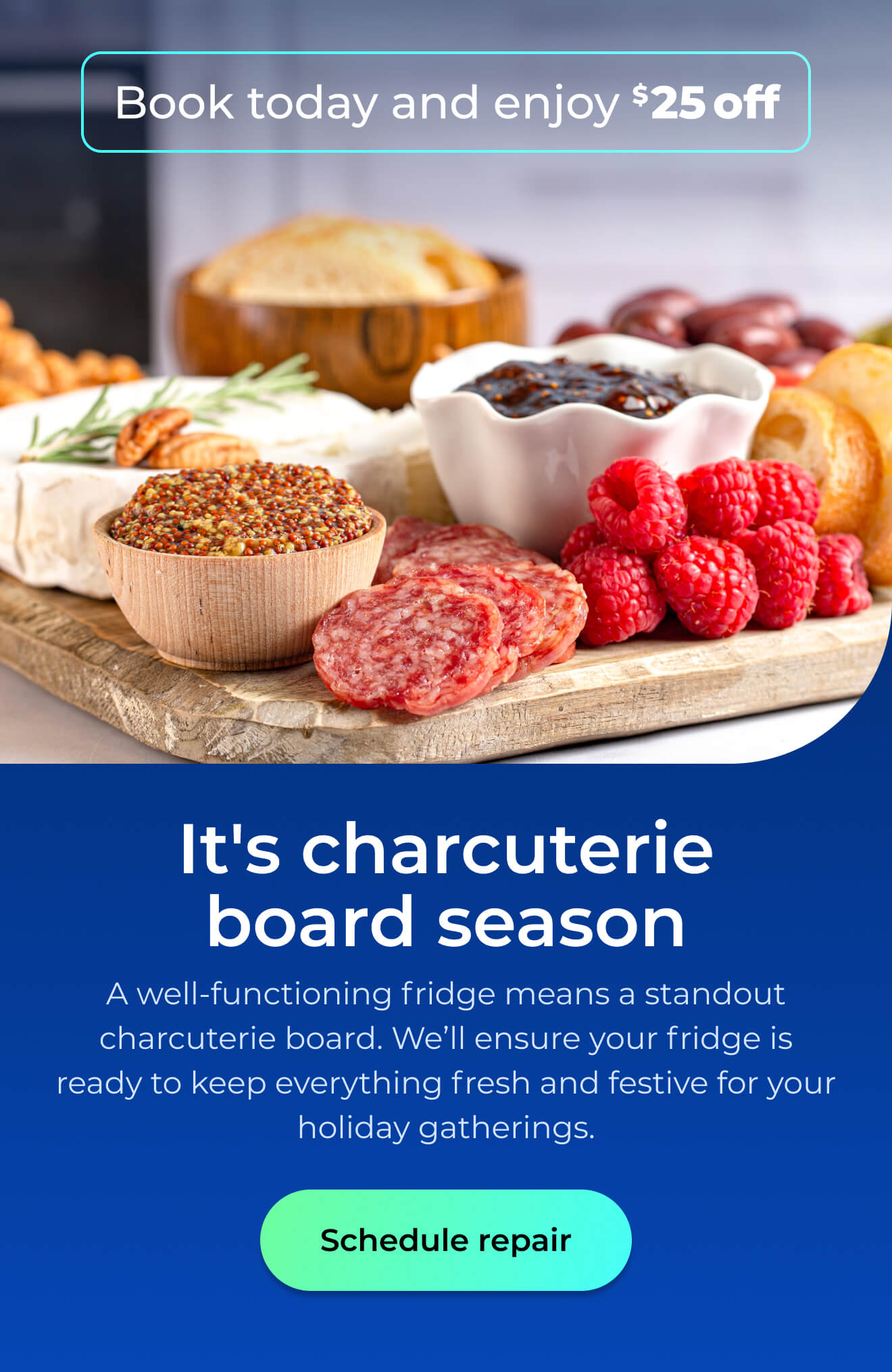 It's charcuterie board season. A well-functioning fridge means a standout charcuterie board. We’ll ensure your fridge is ready to keep everything fresh and festive for your holiday gatherings. Book today and enjoy $25 off. Button: schedule repair